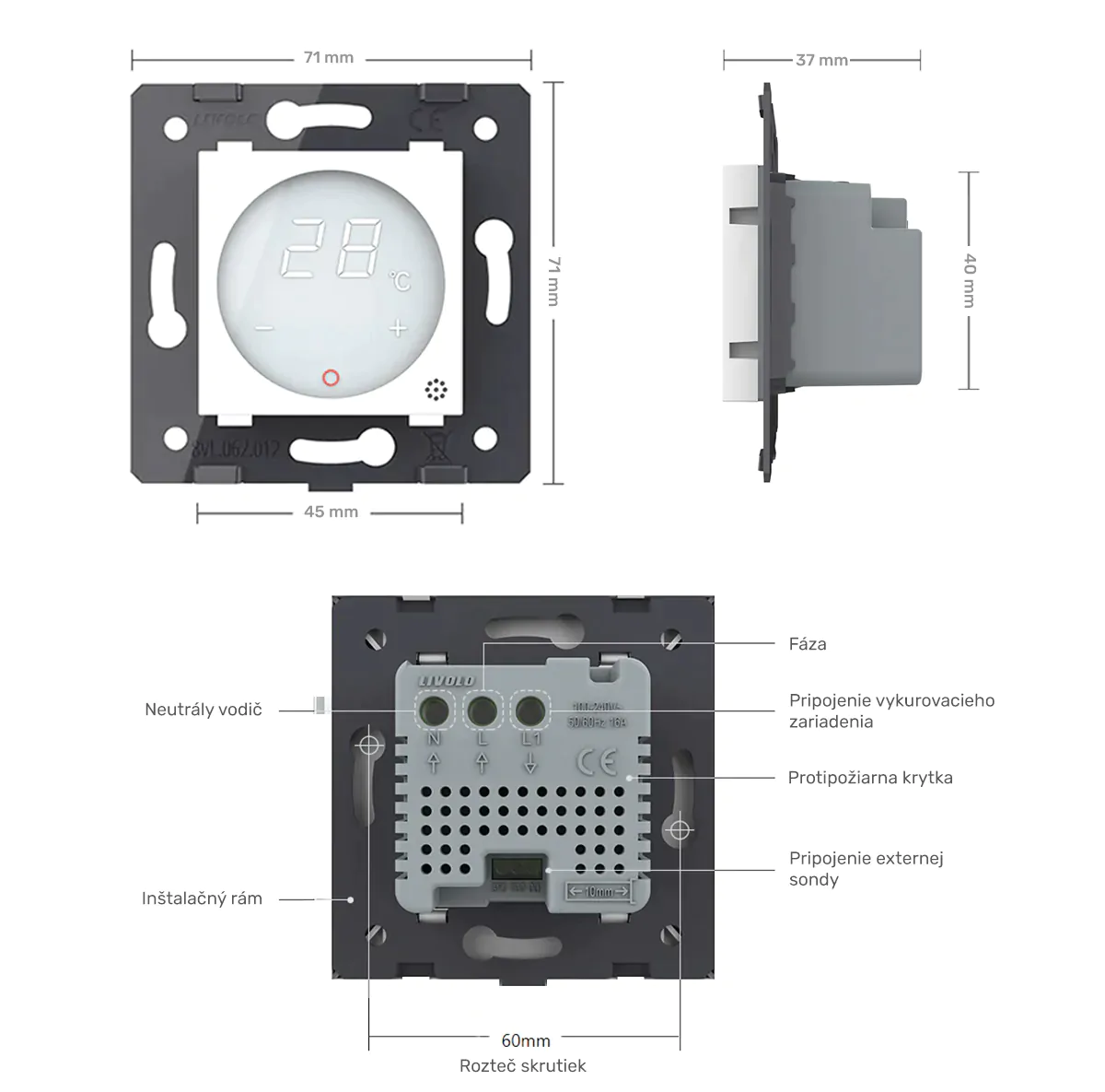 Rozmery modulu digitálneho termostatu Livolo VL-C701TM