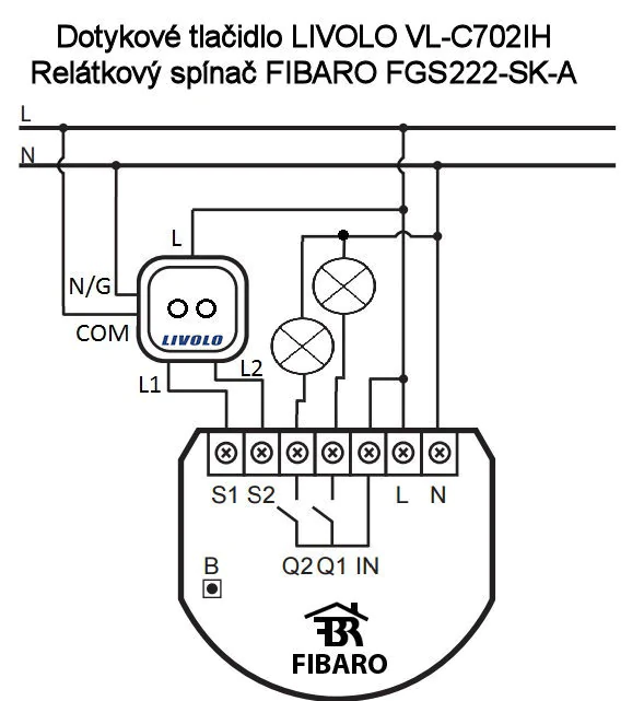 Schéma zapojenia modulu Fibaro na dotykové tlačidlo Livolo