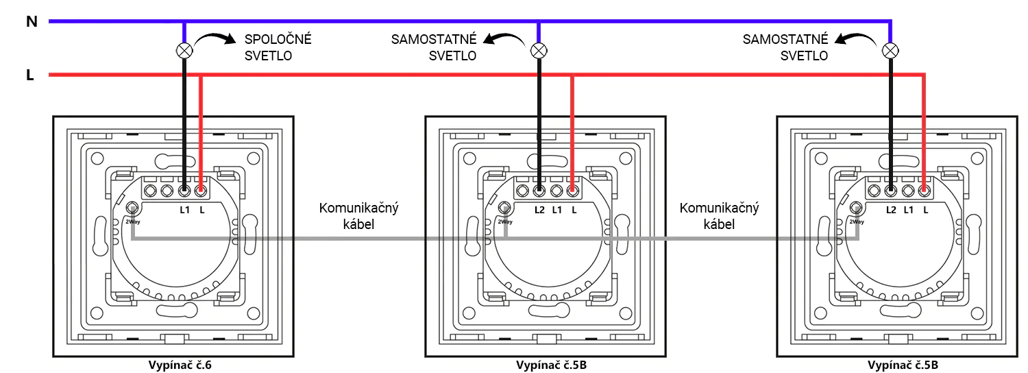 Schéma zapojenia schodiskových dotykových vypínačov Revolo 6+5B+5B